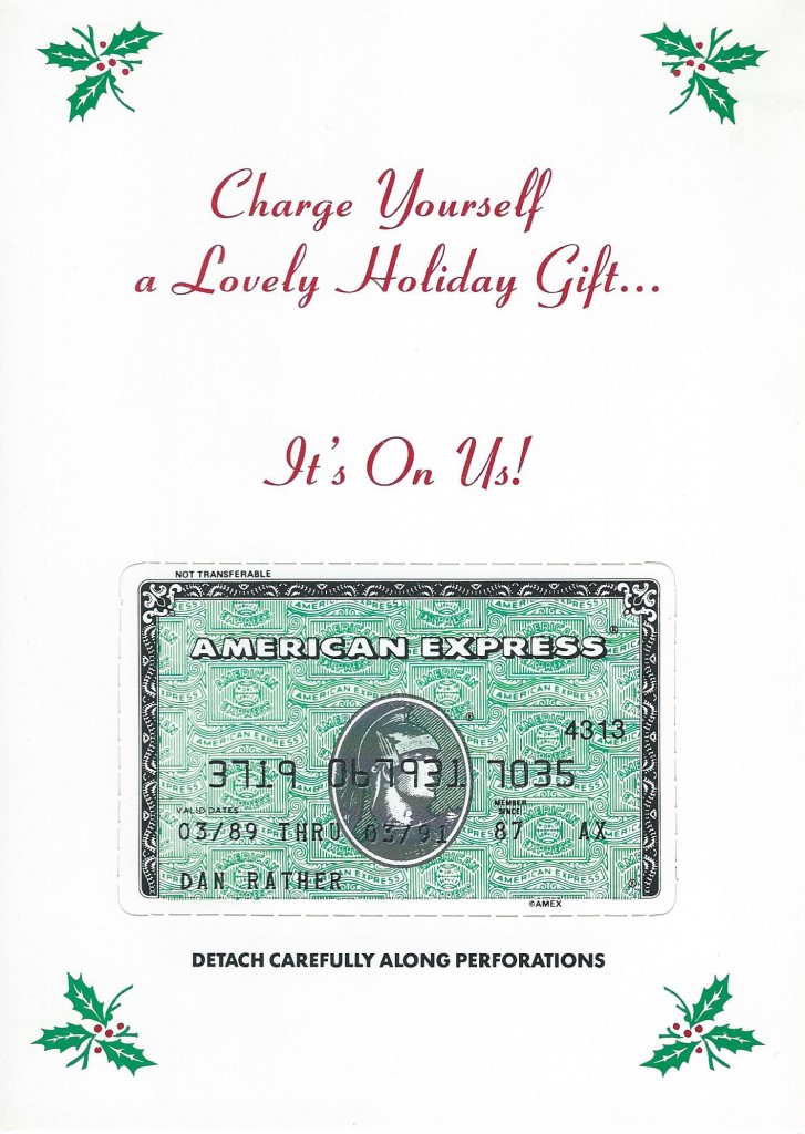 1989 holiday card from "Late Night with David Letterman" features Dan Rather's credit card