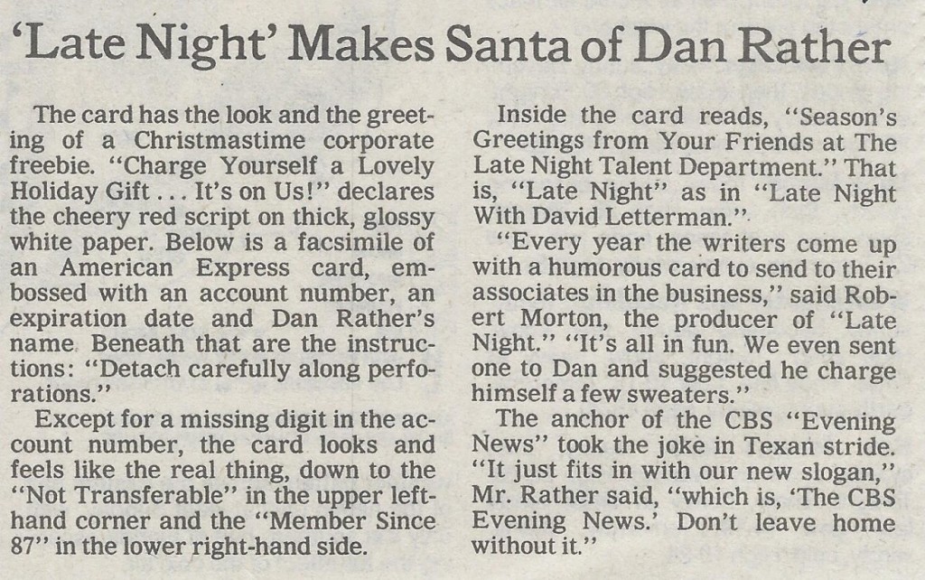 Headline of 1989 "New York Times" item reads "'Late Night' Makes Santa of Dan Rather"