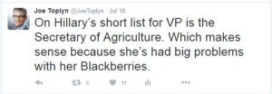 Joke about Hillary's Blackberries
