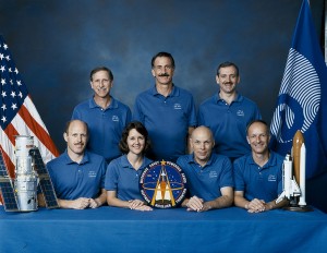 This STS-61 crew portrait includes astronauts (top row, l to r) Richard O. Covey, Jeffrey A. Hoffman, and Thomas D. Akers and (bottom row, l to r) Kenneth D. Bowersox, Kathryn C. Thornton, F. Story Musgrave, and Claude Nicollier.