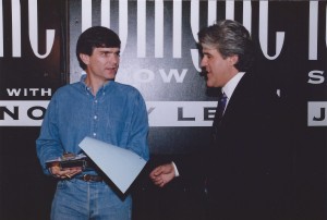 Joe Toplyn discusses a comedy piece with Jay Leno backstage at "The Tonight Show with Jay Leno" in February 1995