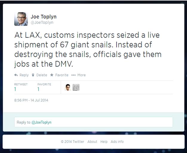 Joe Toplyn's tweet about snails and the DMV