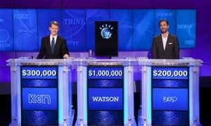 The set of "Jeopardy," with two human champions and IBM's Watson computer