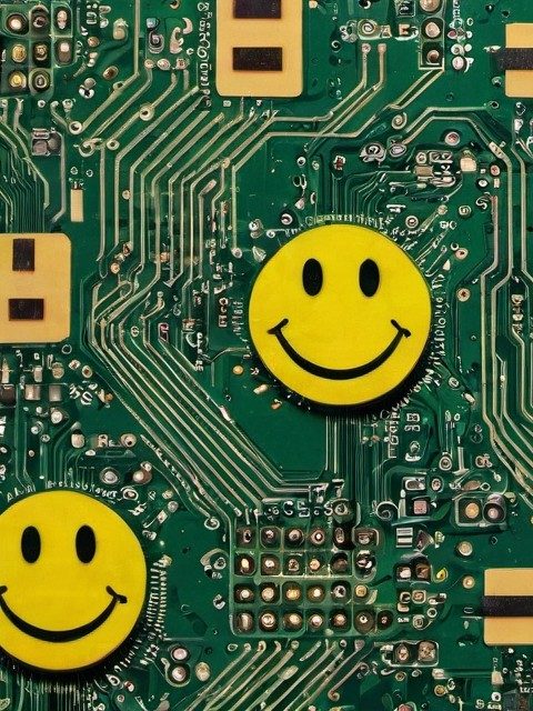 A green circuit board with two yellow smiley faces as computer chips