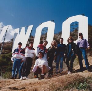 Joe Toplyn, Charlie Sheen, and "Tonight Show with Jay Leno" staff at the Hollywood sign