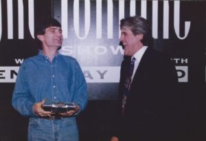 Joe Toplyn shares a laugh with Jay Leno at "The Tonight Show."